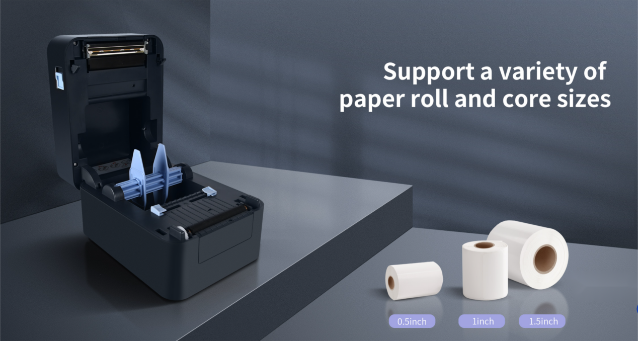 A impressora de etiquetas de crachá SP320 suporta vários tamanhos de rolos de papel.png